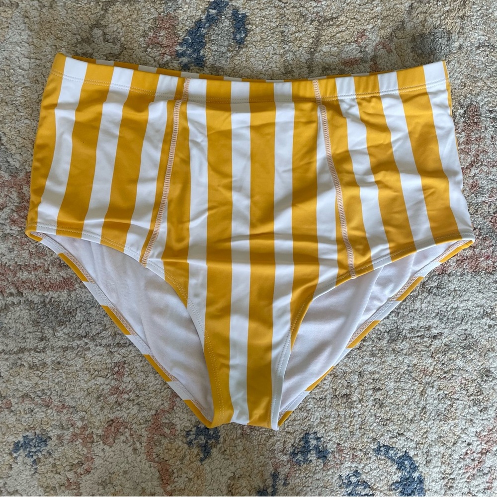 Coral Reef Yellow and White Striped High-Waisted Bikini Bottom